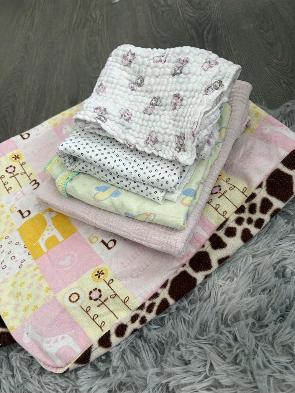 Baby Blanket bundle and one burp cloth Blanket Set - Pink, White, Yellow, Brown